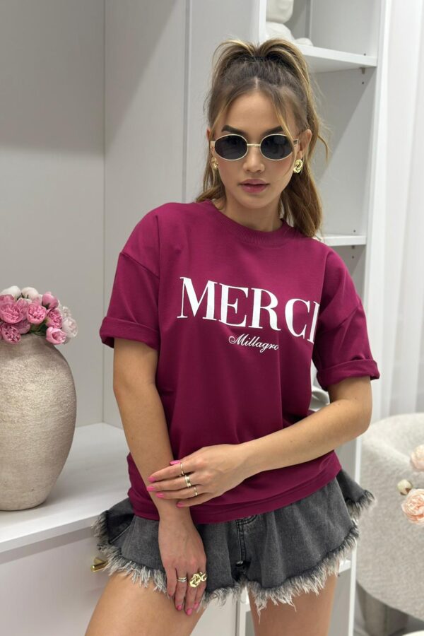 T-shirt MERCI / burgundowy