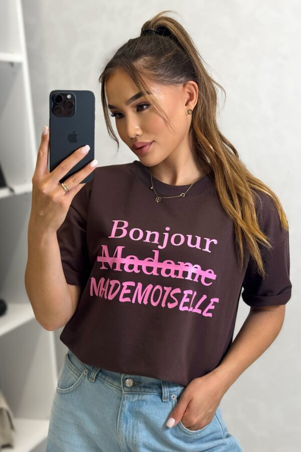 T-shirt Bonjour MADEMOISELLE / czekoladowy